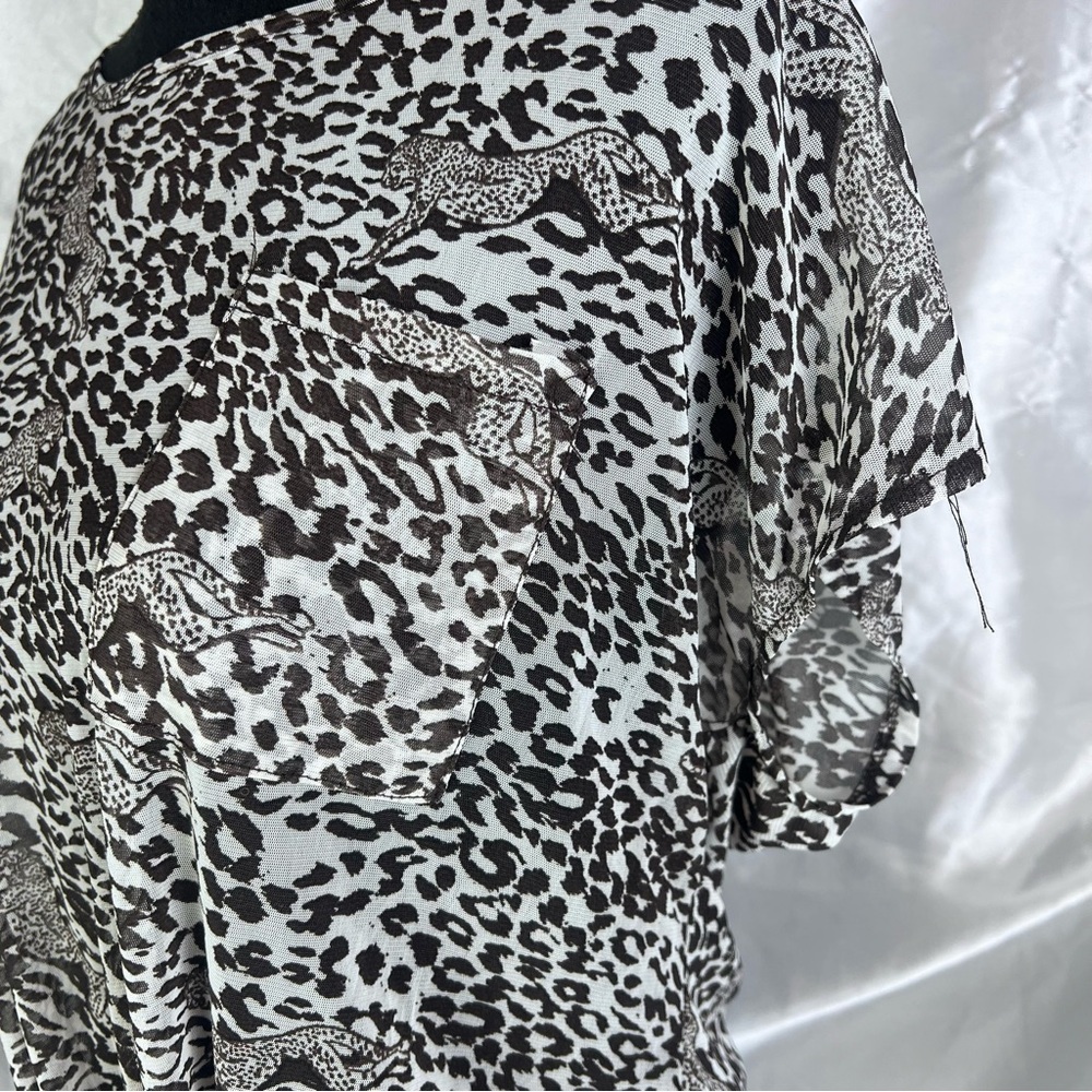 French Laundry Sheer Cream & Brown Cheetah Tie-Front Tee Y2K - Picture 7 of 8